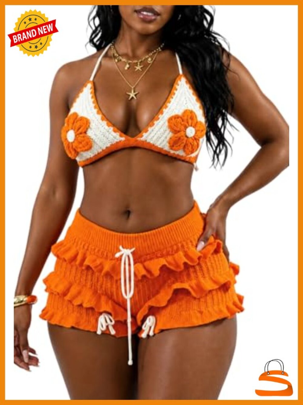 Crochet Bikini Shorts Set Halter Triangle Top Ruffled High Rise